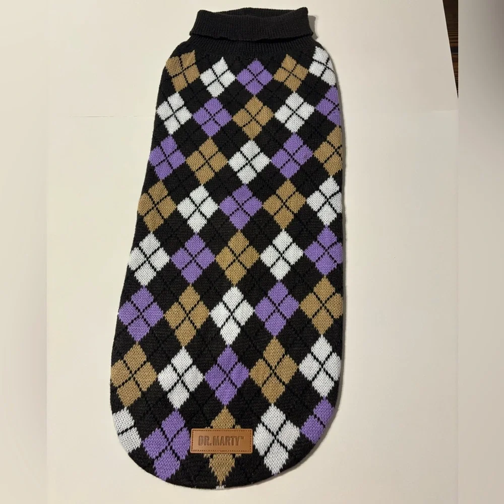 Dr. Marty Argyle Dog Sweater in Black, Brown, Purple and White, [Large] New